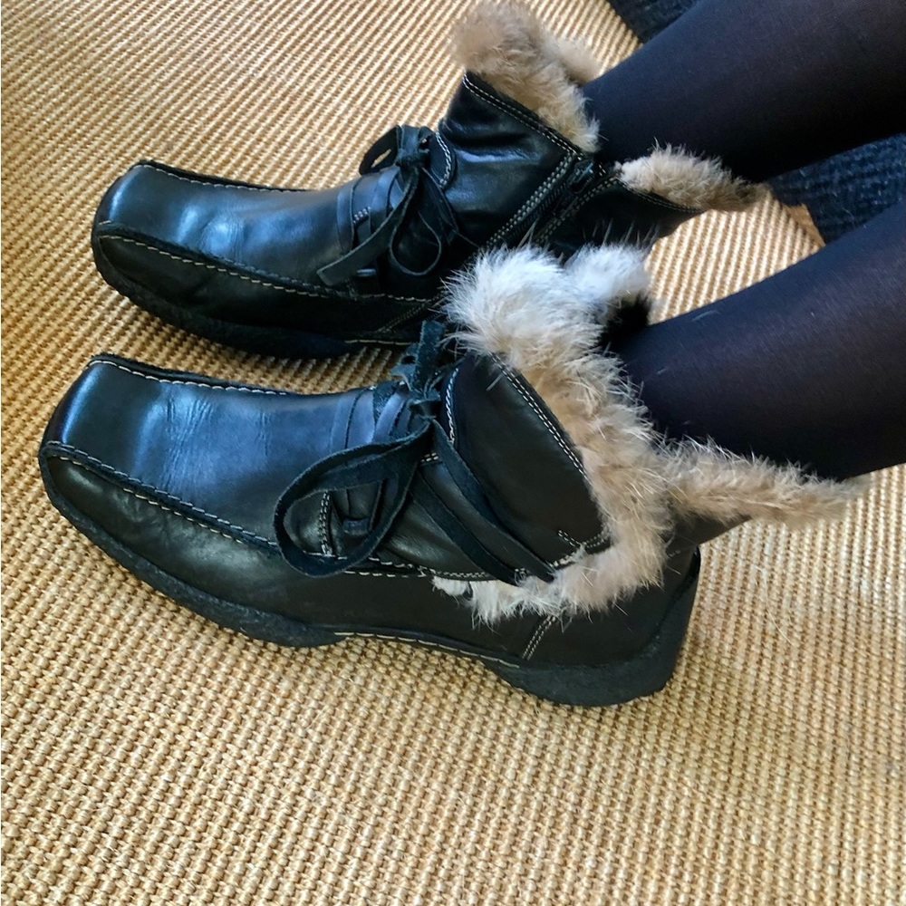 Arnold Churgin Black Leather Laceup Zippered Fur-Detailed Ankle Boots Size 38